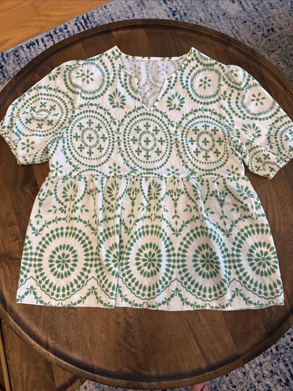 Women’s Peplum Top in Green Medallion Print, size L
